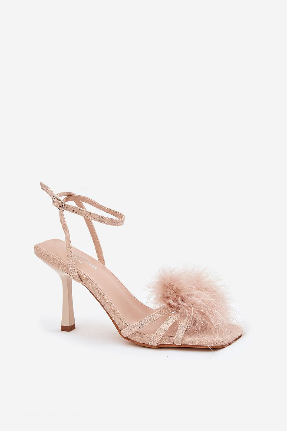 Step in Style luxurious eco-suede sandals with stiletto heels and feather details, available in EU sizes 36-41, showcasing refined elegance.