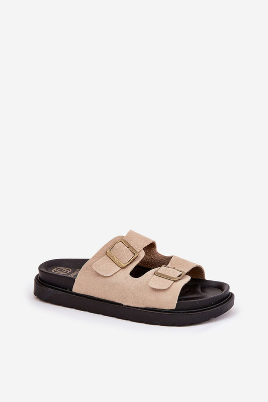 Close-up view of Step in Style's luxury eco-suede flip-flops showing the textured insole and buckled straps, designed for maximum comfort.