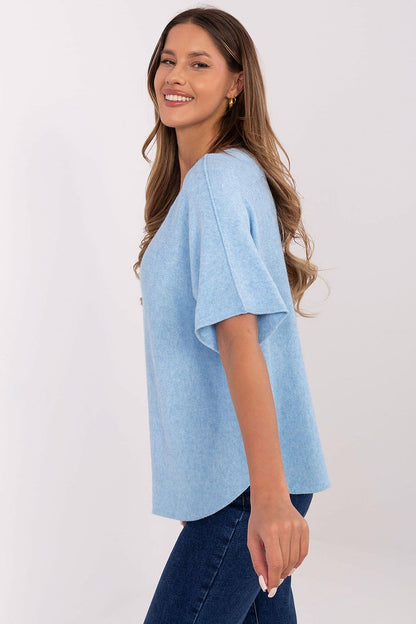 Italy Moda women's short sleeve reversible sweater in a luxurious viscose-polyester blend, showcasing a classic round neckline and smooth pattern, perfect for casual or work stylish looks.