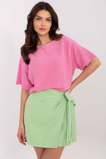 Chic Italy Moda women's short sleeve sweater featuring a comfortable mix of nylon, viscose, and polyester, designed for effortless styling and all-day comfort.