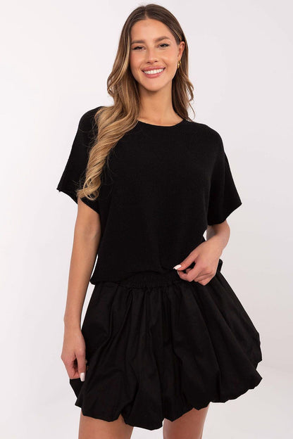 Luxurious Italy Moda women's short sleeve sweater featuring a chic reversible design crafted from a soft viscose-polyester blend, perfect for elegant everyday outfits.