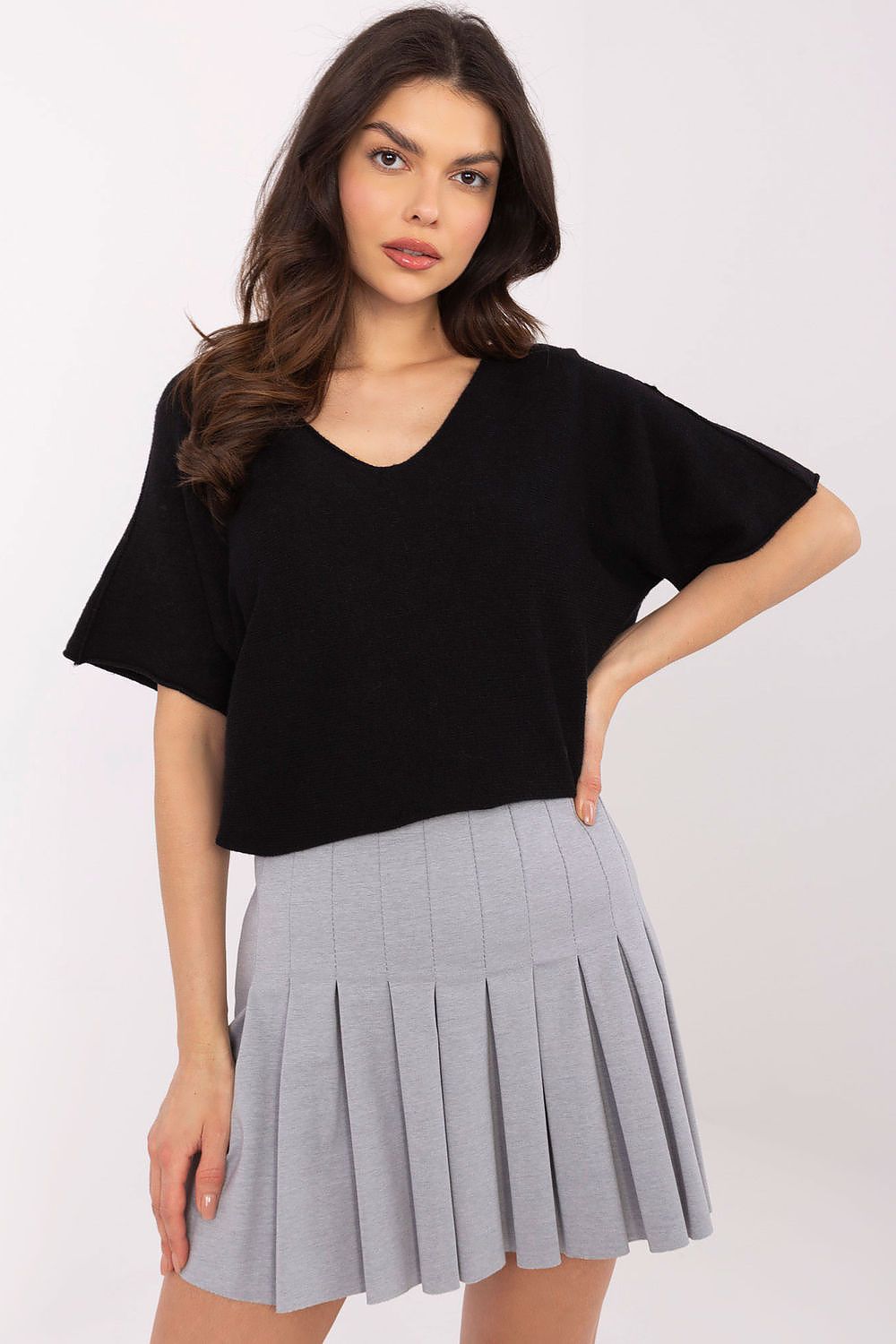 Italy Moda Women's Short Sleeve V-Neck Sweater in a luxurious reversible design, perfect for casual and workwear styles, featuring a blend of viscose, polyester, and nylon for ultimate comfort.