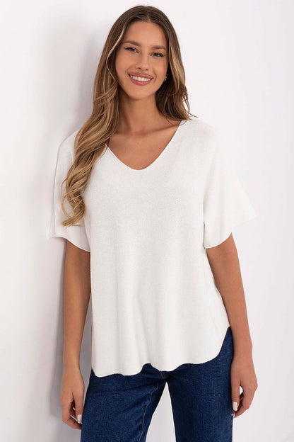 Close-up of Italy Moda Women's Short Sleeve V-Neck Sweater fabric, highlighting the soft blend of viscose, polyester, and nylon for everyday luxury.