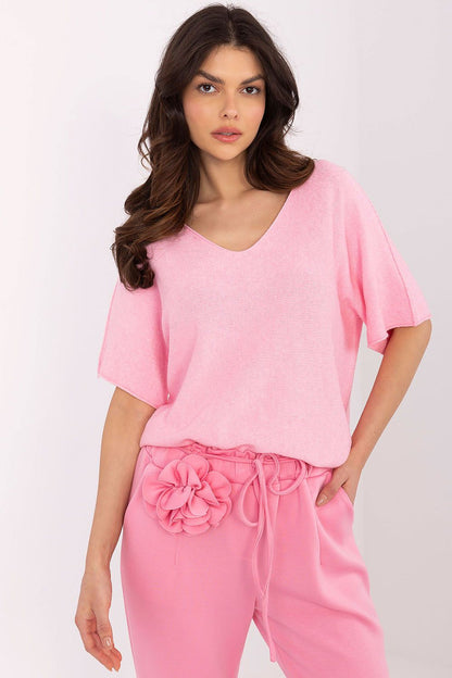 Italy Moda Women's Short Sleeve V-Neck Sweater flat lay, highlighting classic V-neck design in a stylish casual outfit.