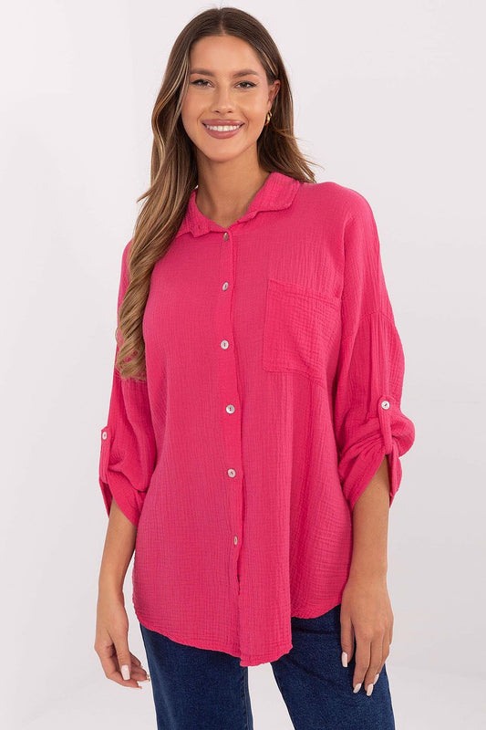 Italy Moda Women's Long Sleeve 100% Cotton Muslin Shirt featuring a roll-up sleeve design, perfect for elegant casual wear.