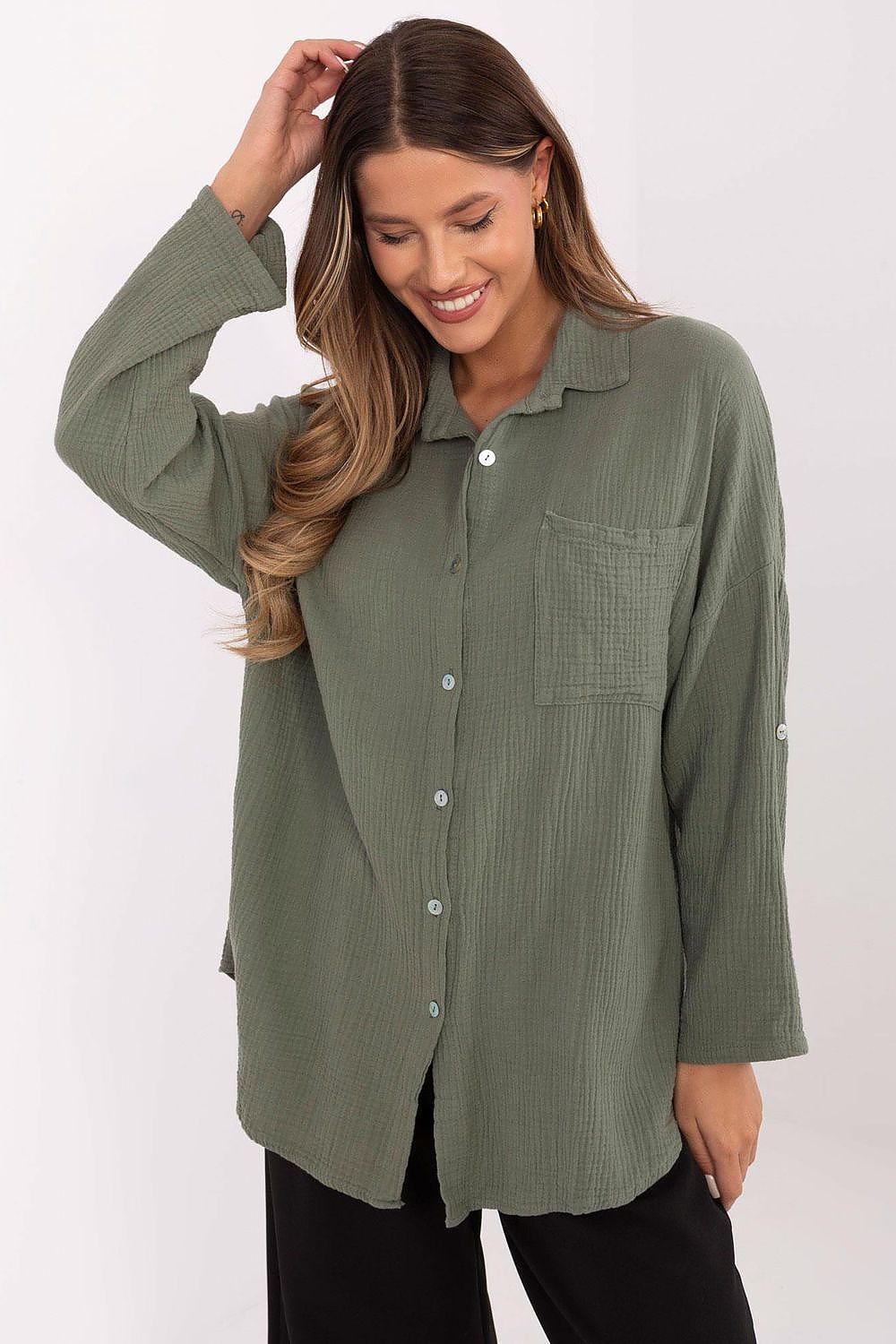 Italy Moda Women's Long Sleeve 100% Cotton Muslin Shirt in a casual fit, showcasing roll-up sleeves and a classic collar, perfect for everyday elegance.