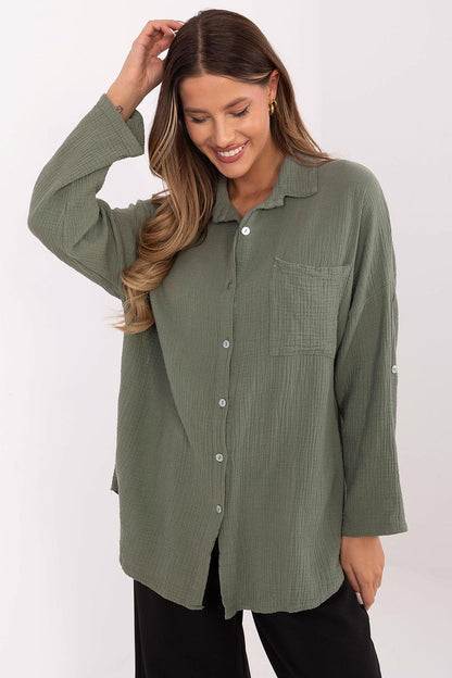 Italy Moda Women's Long Sleeve 100% Cotton Muslin Shirt in a casual fit, showcasing roll-up sleeves and a classic collar, perfect for everyday elegance.