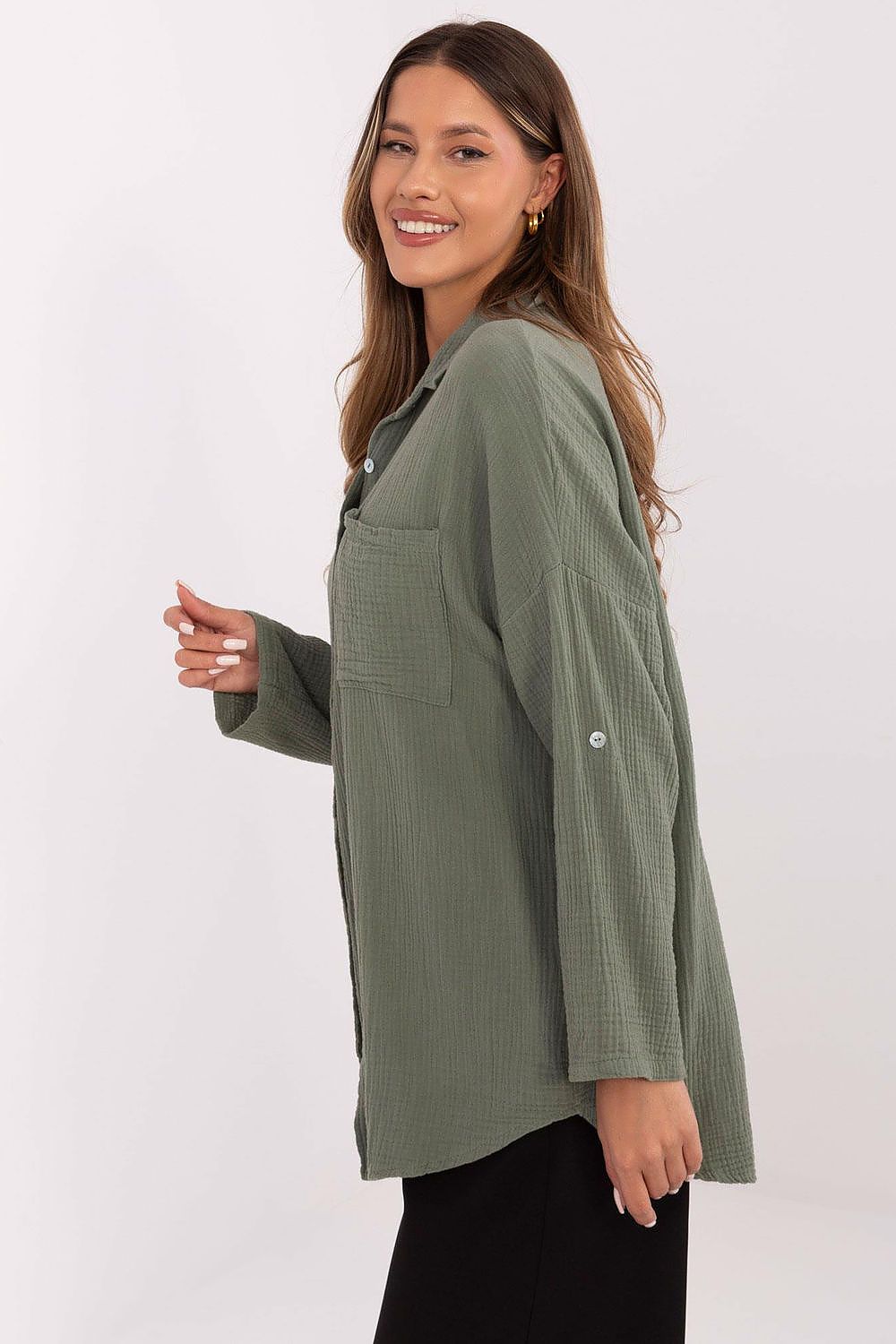 Stylish Italy Moda Women's Muslin Shirt, featuring lightweight 100% cotton fabric and practical button fastening, ideal for versatile outfits.