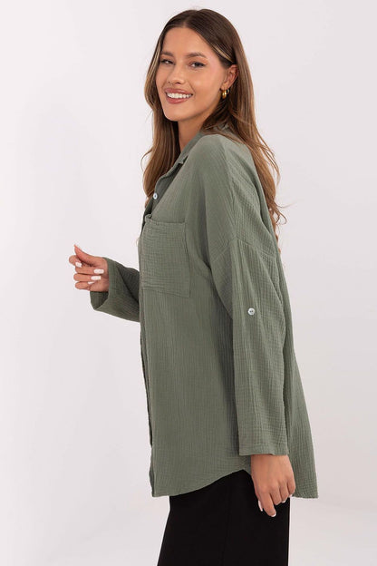 Stylish Italy Moda Women's Muslin Shirt, featuring lightweight 100% cotton fabric and practical button fastening, ideal for versatile outfits.