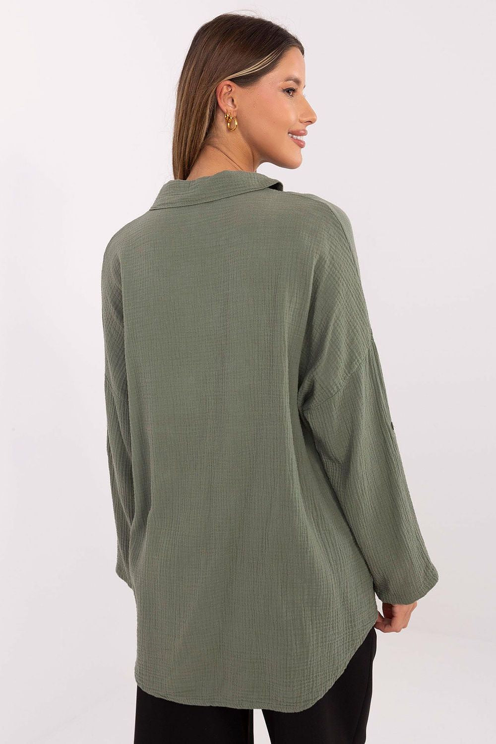 Italy Moda Women's Long Sleeve Muslin Shirt with roll-up sleeves, designed for comfort and featuring a chest pocket for a touch of sophistication.