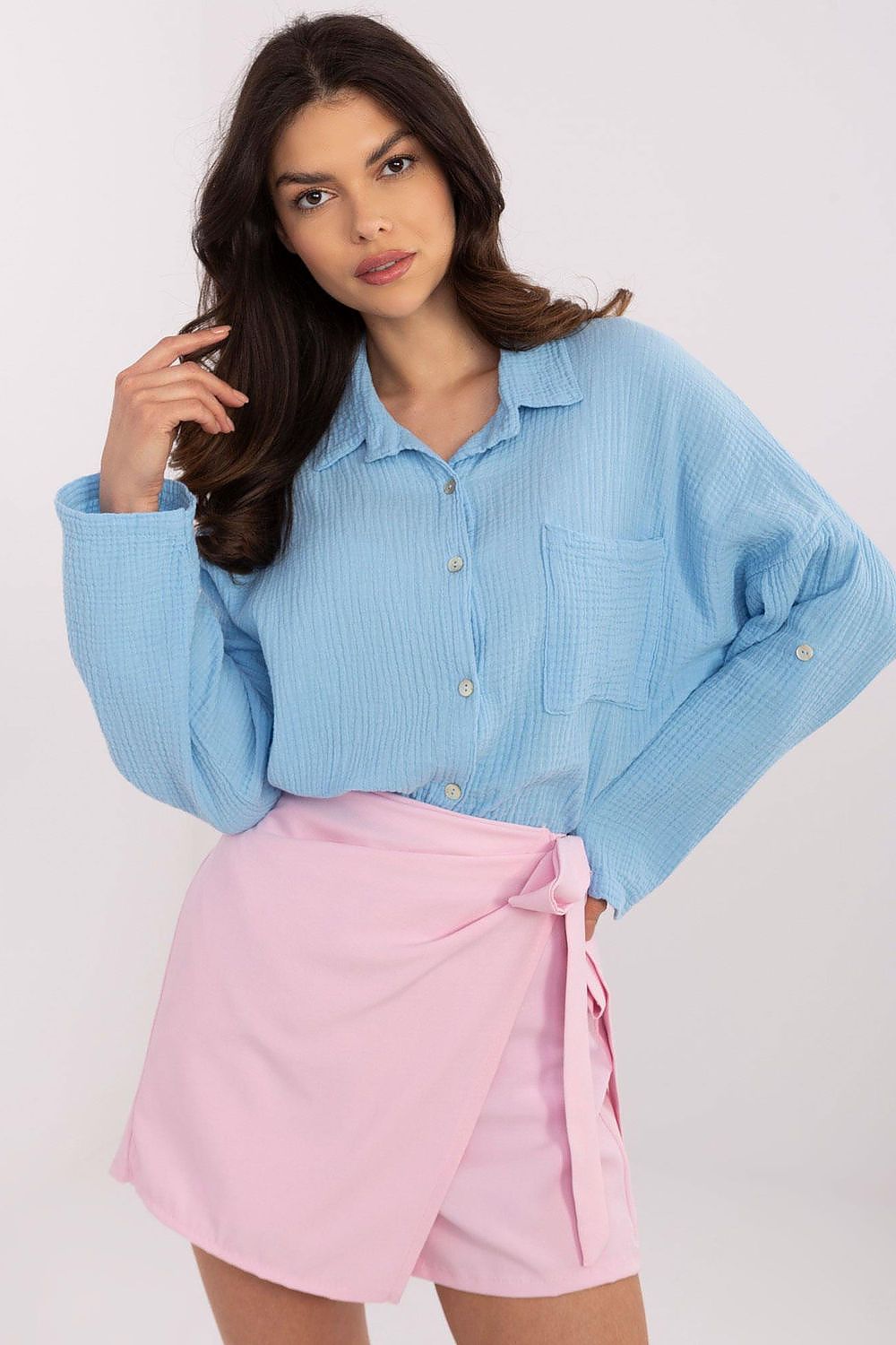 Italy Moda Women's Long Sleeve Cotton Shirt, emphasising a loose fit and smooth pattern for ultimate casual chic style in everyday wardrobe.