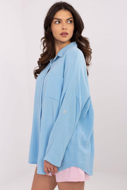 Elegant Italy Moda Women's Muslin Shirt, perfect for layering and crafted from breathable 100% cotton for a luxurious touch in casual wear.