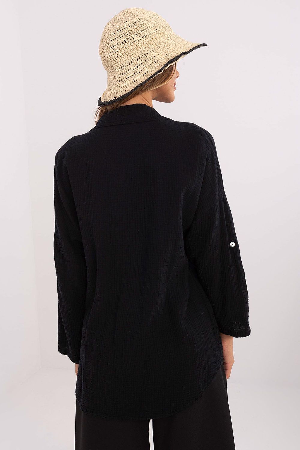 Luxurious Italy Moda women's long sleeve shirt made of 100% cotton muslin, featuring a roll-up sleeve design, perfect for stylish casual wear.