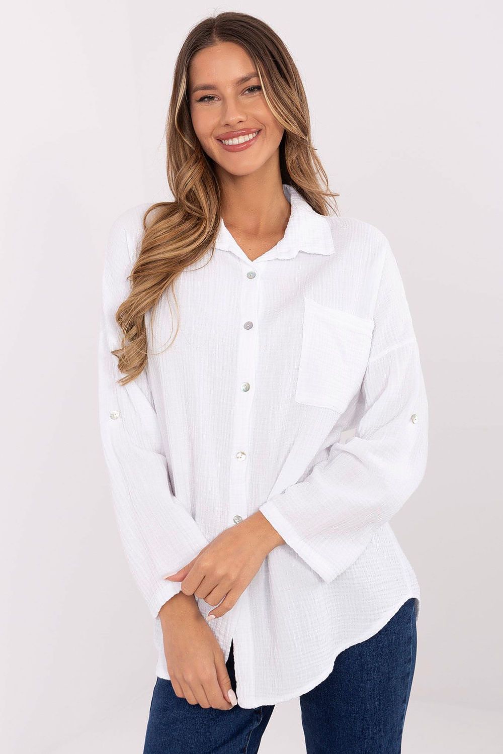 Chic Italy Moda long sleeve cotton shirt designed for comfort and style, presented in a lightweight muslin fabric for all-day wear.