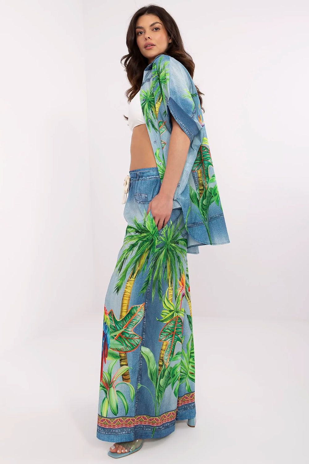 Elegant high waist palazzo pants for women by Italy Moda, featuring a colourful print on lightweight viscose blend fabric.