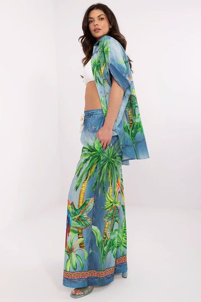 Elegant high waist palazzo pants for women by Italy Moda, featuring a colourful print on lightweight viscose blend fabric.