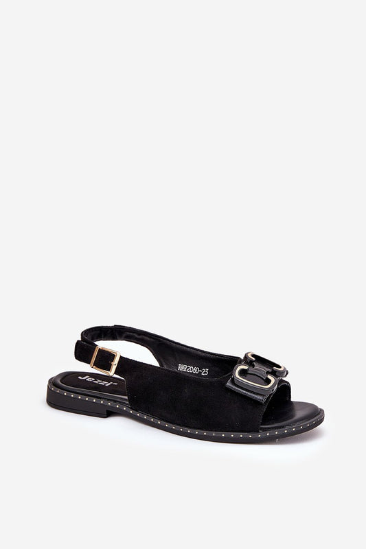 A pair of Jezzi Women's Flat Faux Suede Sandals elegantly adorned with front decoration, designed for ultimate comfort and fashion, available in sizes EU 36-41.