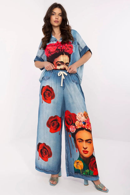 Close-up of the drawstring waist and fabric detail of Italy Moda's high waist palazzo pants, made from breathable viscose blend.