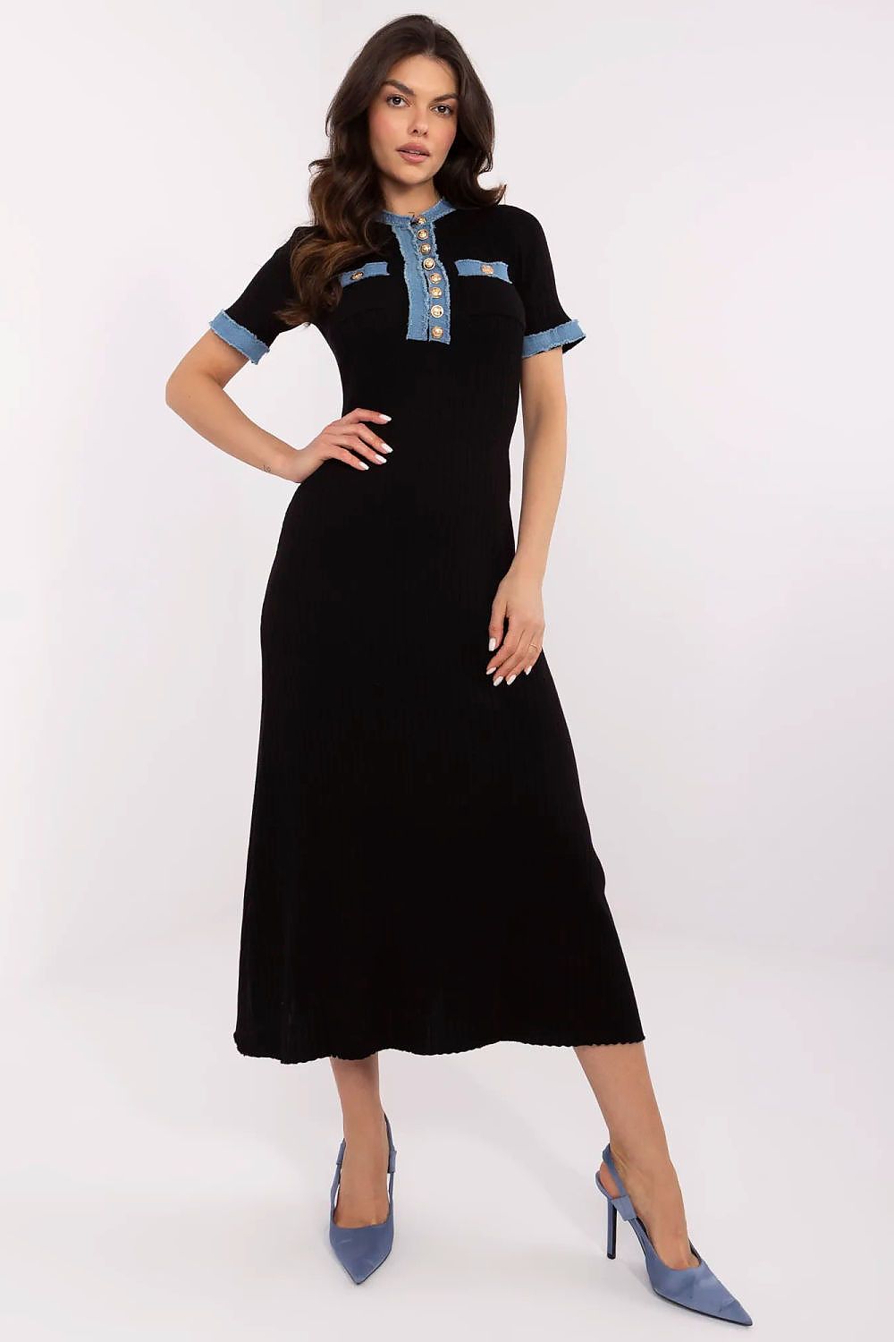 Elegant knitted midi dress by NM, showcasing a classic round neckline and ribbed texture in soft viscose-polyamide blend, perfect for everyday and office wear.