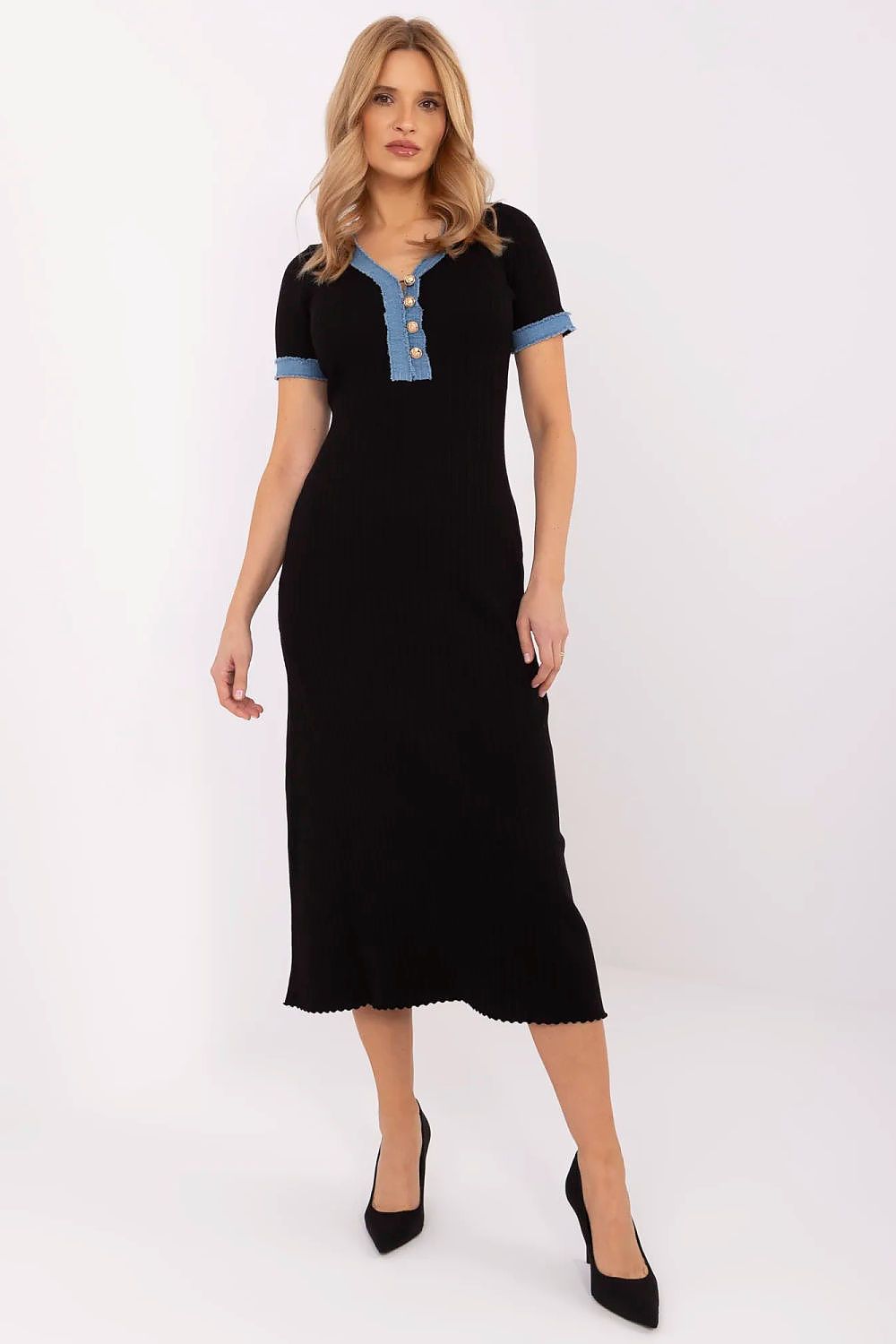 Elegant knitted pencil midi dress for women by NM featuring a sweetheart neckline and short sleeves, perfect for a chic and stylish look.