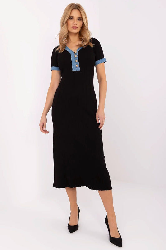 Elegant knitted pencil midi dress for women by NM featuring a sweetheart neckline and short sleeves, perfect for a chic and stylish look.