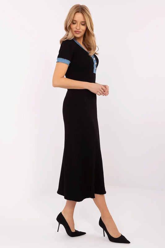 Elegant Knitted Pencil Midi Dress for Women by NM featuring a sweetheart neckline and short sleeves, highlighting feminine curves in a luxurious viscose and polyamide blend.
