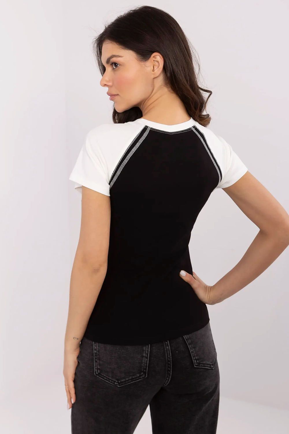 Sophisticated styling of NM soft cotton T-shirt for women, highlighted by contrast short sleeves and heart design, suitable for versatile wardrobe options.