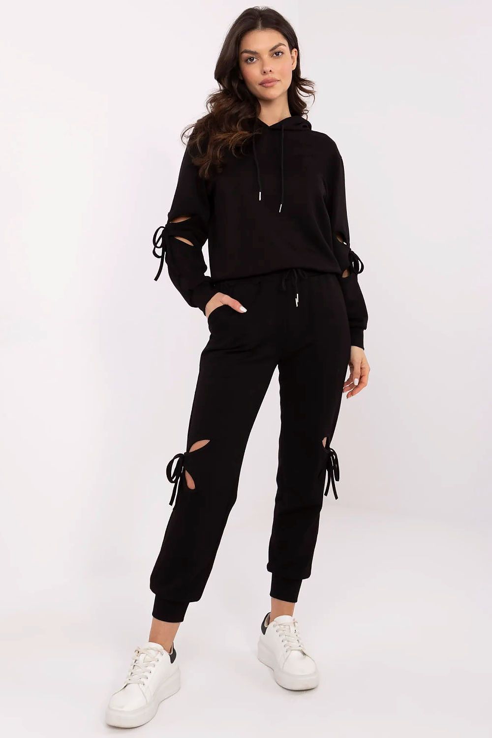 Luxury Women's Casual Tracksuit Set by NM featuring a soft blend of viscose, polyester, and elastane, high-waisted pants with slip pockets, decorative ties, and stylish slits for a comfortable and fashionable look.