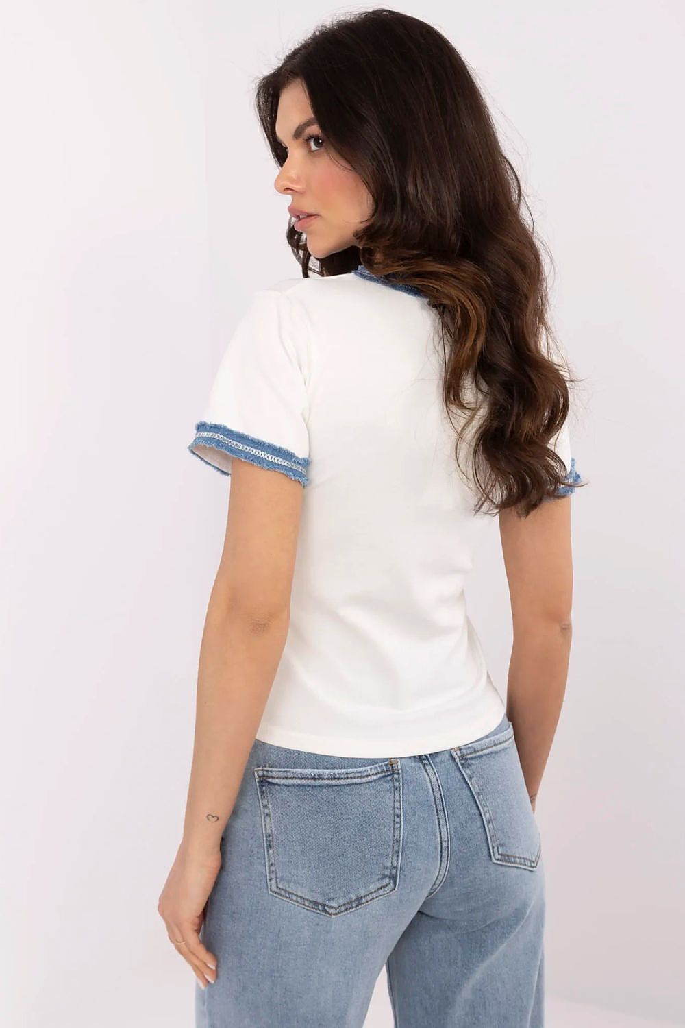 Casual elegant women's fitted blouse by NM, showcasing denim accents and a classic V-neck design, made of soft cotton and spandex blend.