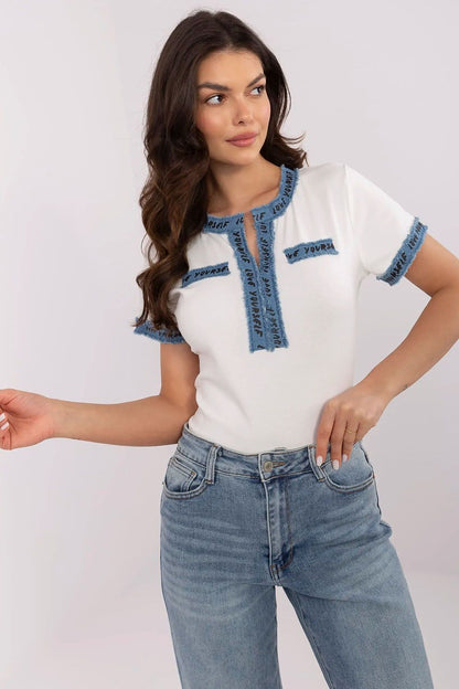 Luxury fitted cotton blouse with denim finish in casual V-neck style by NM. Ideal for elegant everyday wear, showcasing premium craftsmanship and a flattering silhouette.