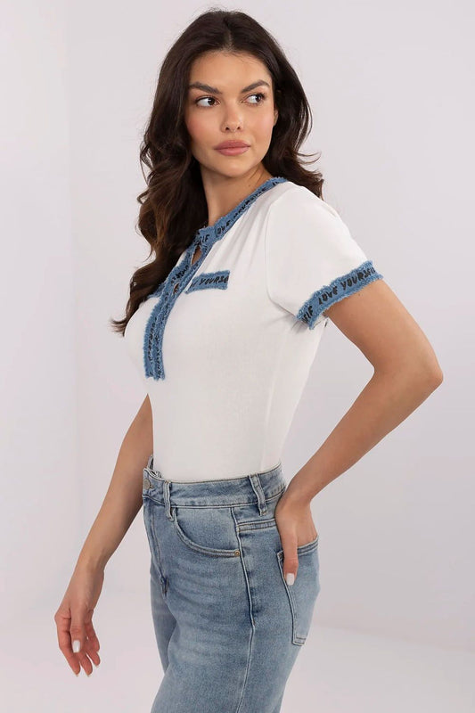 Luxury fitted cotton blouse by NM featuring a denim finish, casual V-neck style, designed for women in size EU 0, perfect for stylish everyday wear.