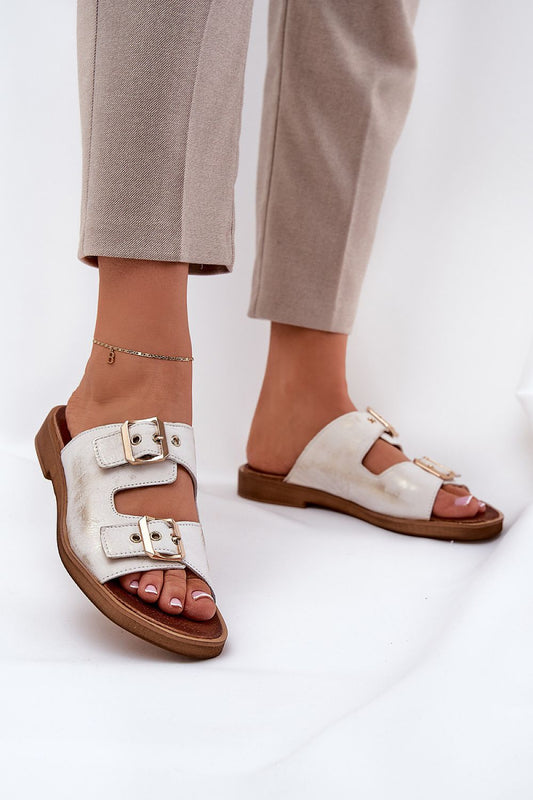 Elegant luxury women's leather slides by Step in style featuring adjustable gold buckles, perfect for summer fashion.