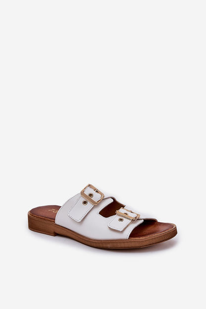 Elegant luxury women's leather slides by Step in Style, featuring adjustable gold buckles for perfect fit, ideal for sophisticated casual wear.