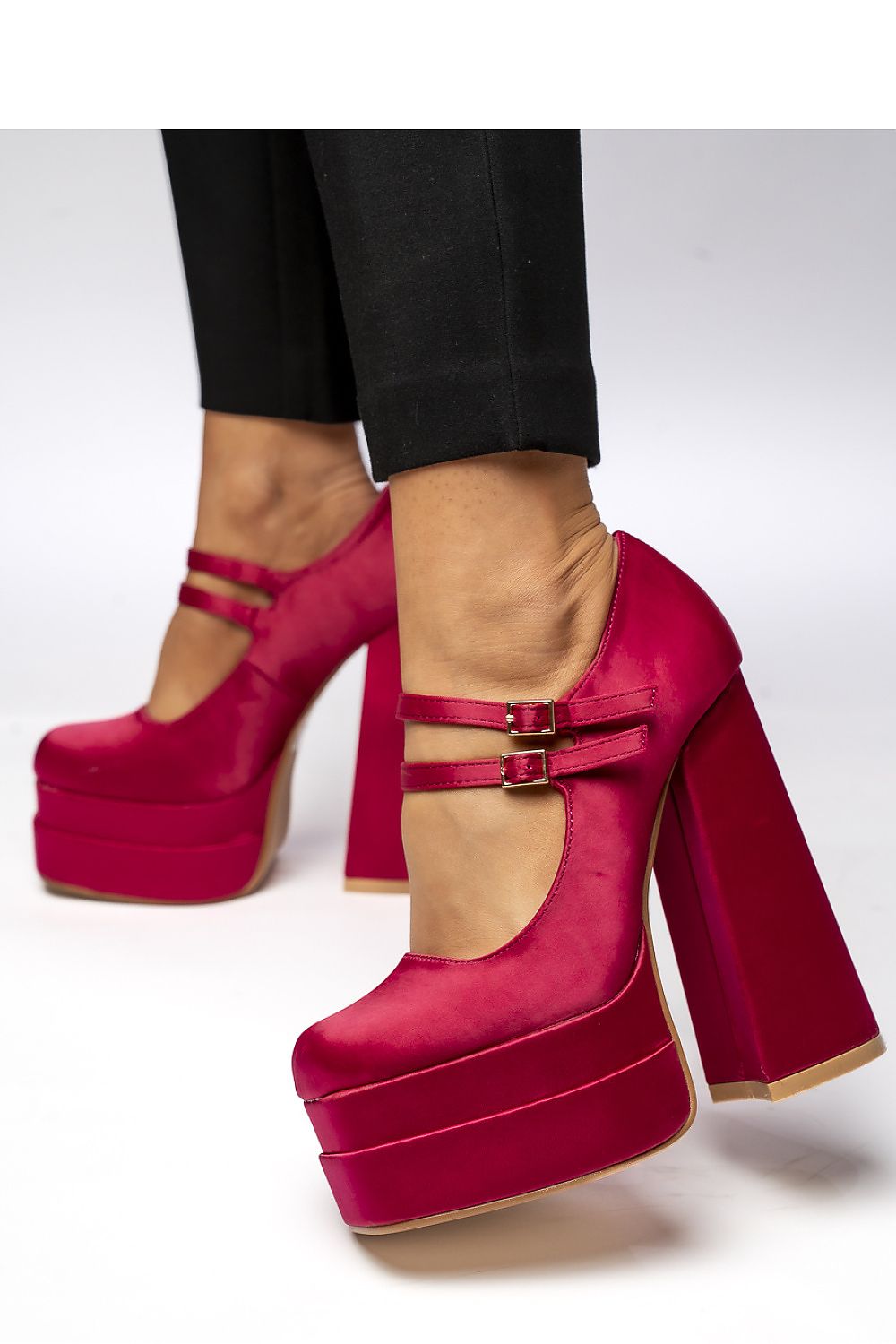Fuchsia satin platform Mary Jane pumps by Inello featuring double buckle strap, showcasing luxury evening footwear for special occasions.