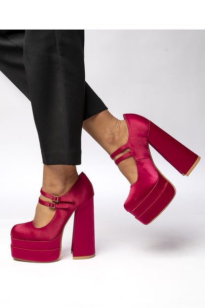 Elegant fuchsia satin Mary Jane pumps with striking platform and heel design by Inello, ideal for upscale events.