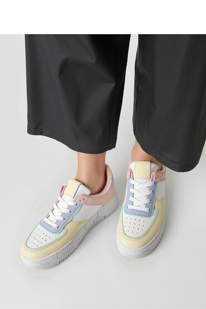 Close-up of Oasis Multe Women's Pastel Sneakers by Inello, highlighting the soft eco-leather and vibrant pastel colours for a chic, contemporary look.