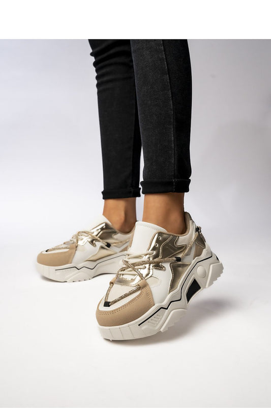 Chic Veyra Beige Women's Sneakers by Inello featuring decorative gold laces and a chunky sole, ergonomically designed for luxury and comfort.
