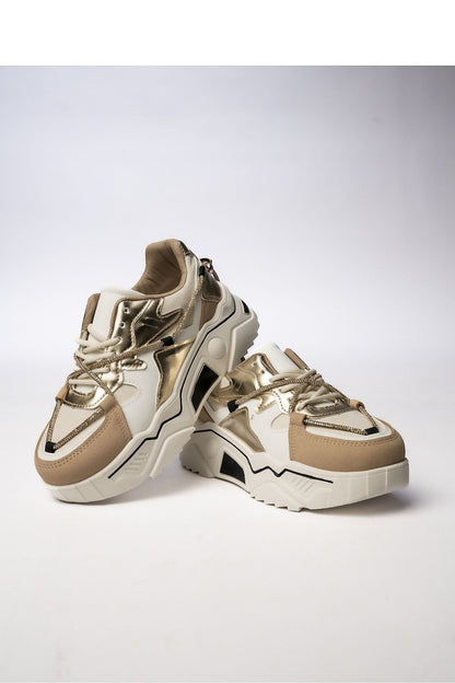 Close-up detail of Inello's Veyra Beige Sneakers highlighting the decorative gold laces and luxurious texture, designed for comfort and style.