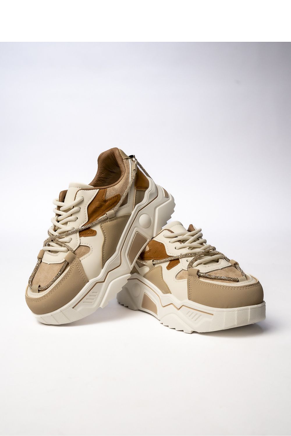 Inello Women's Khaki Sneakers featuring decorative gold laces and a chunky sole, perfect for a stylish and ergonomic fit, ideal for everyday luxury wear.