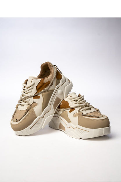 Inello Women's Khaki Sneakers featuring decorative gold laces and a chunky sole, perfect for a stylish and ergonomic fit, ideal for everyday luxury wear.