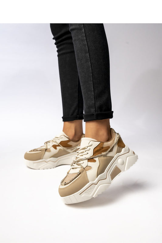 Close-up of Inello Women's Khaki Sneakers, showcasing the unique design with bold khaki and beige contrast panels, and luxurious gold laces.