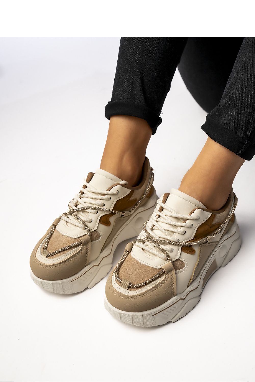Inello women's khaki sneakers featuring luxurious gold laces and a chunky sole, perfect for stylish everyday wear.