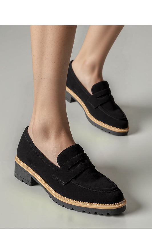 Close-up view of Inello's Lorien Black Moccasins, showcasing the intricate decorative stitching on the contrasting beige sole.