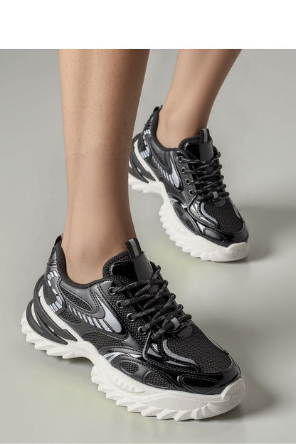 JAYDEN Black Sport Sneakers by Inello featuring a futuristic design with breathable mesh and synthetic leather, showcasing a shiny black upper and a contrasting massive sole for ultimate comfort and style.