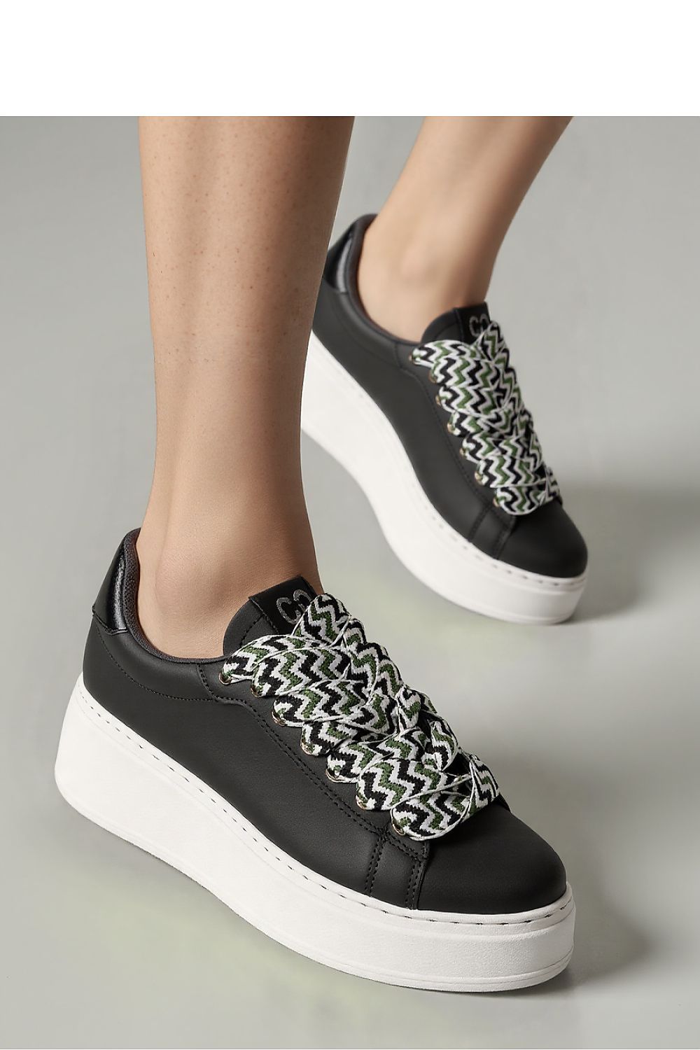 Zarax Black Platform Sneakers for Men and Women by Inello, featuring stylish synthetic leather upper and unique designer patterned laces against a minimalist black design.