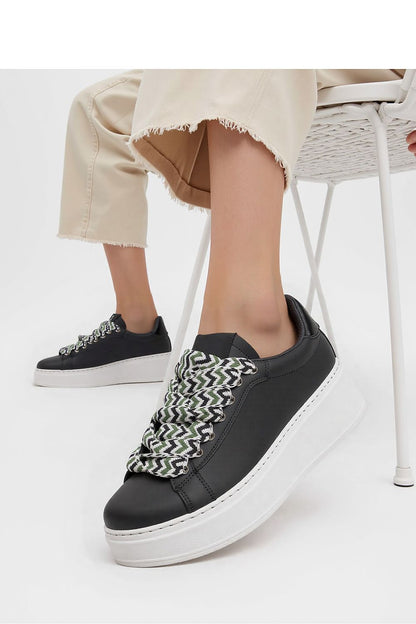 Zarax Black platform sneakers for men and women by Inello, featuring stylish synthetic leather and designer patterned laces against a modern white sole.