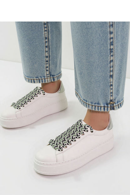 Close-up view of ZARAX White Minimalist Platform Sneakers showcasing their synthetic leather upper and unique patterned laces by Inello.