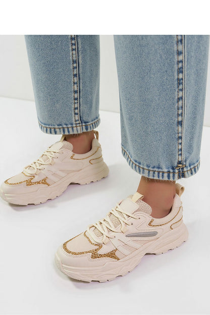 Close-up of Vega Beige Sport Sneakers by Inello, highlighting the eco-leather upper and glamorous golden glitter accents.