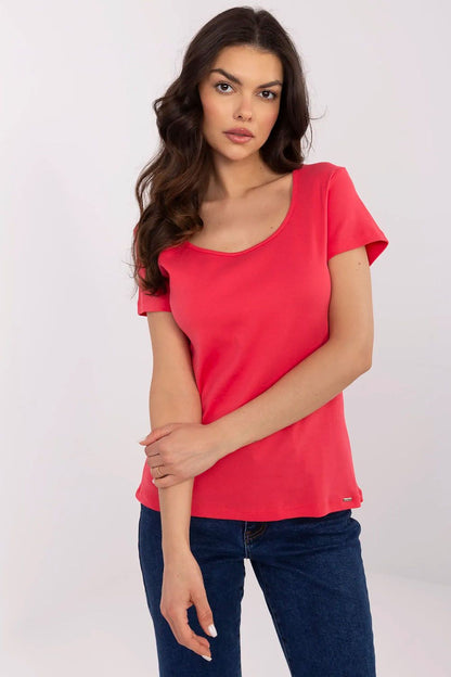 Luxury women's casual t-shirt in vibrant coral, featuring a smooth round neckline and short sleeves, designed by Relevance for everyday elegance.