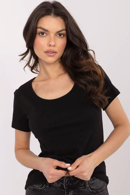 Elegant black women's casual t-shirt featuring a round neckline and short sleeves, crafted from a high-quality cotton-elastane blend, designed for comfort and style, by Relevance.